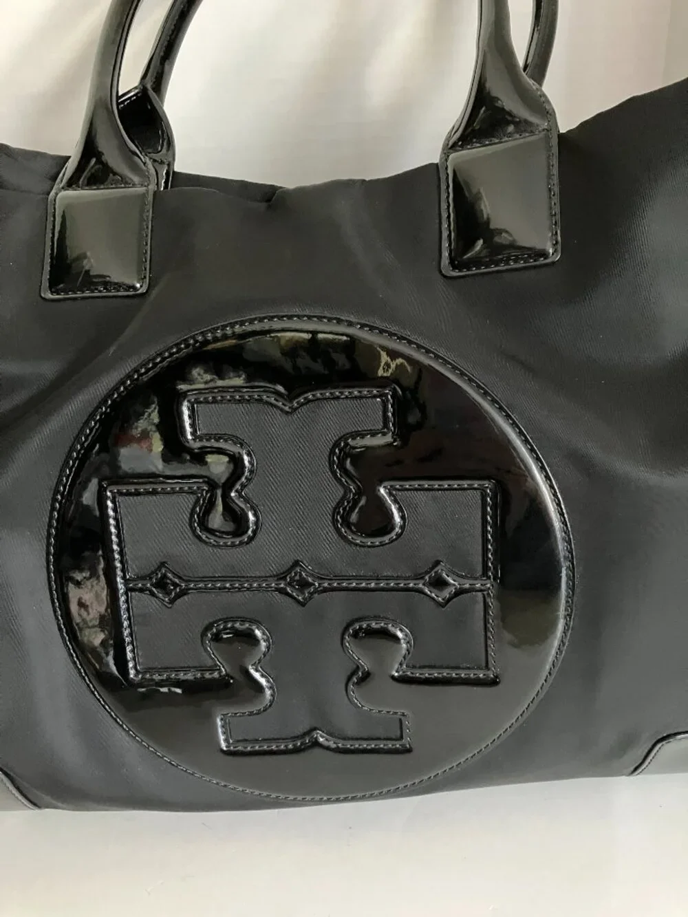 Tory Burch Black Ella Patent-Trim Nylon Tote Purse Large.